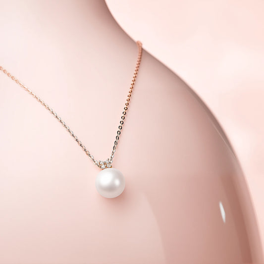 Caressa 18K Gold Akoya Pearl Necklace 7.5-8mm Diamond Pendant