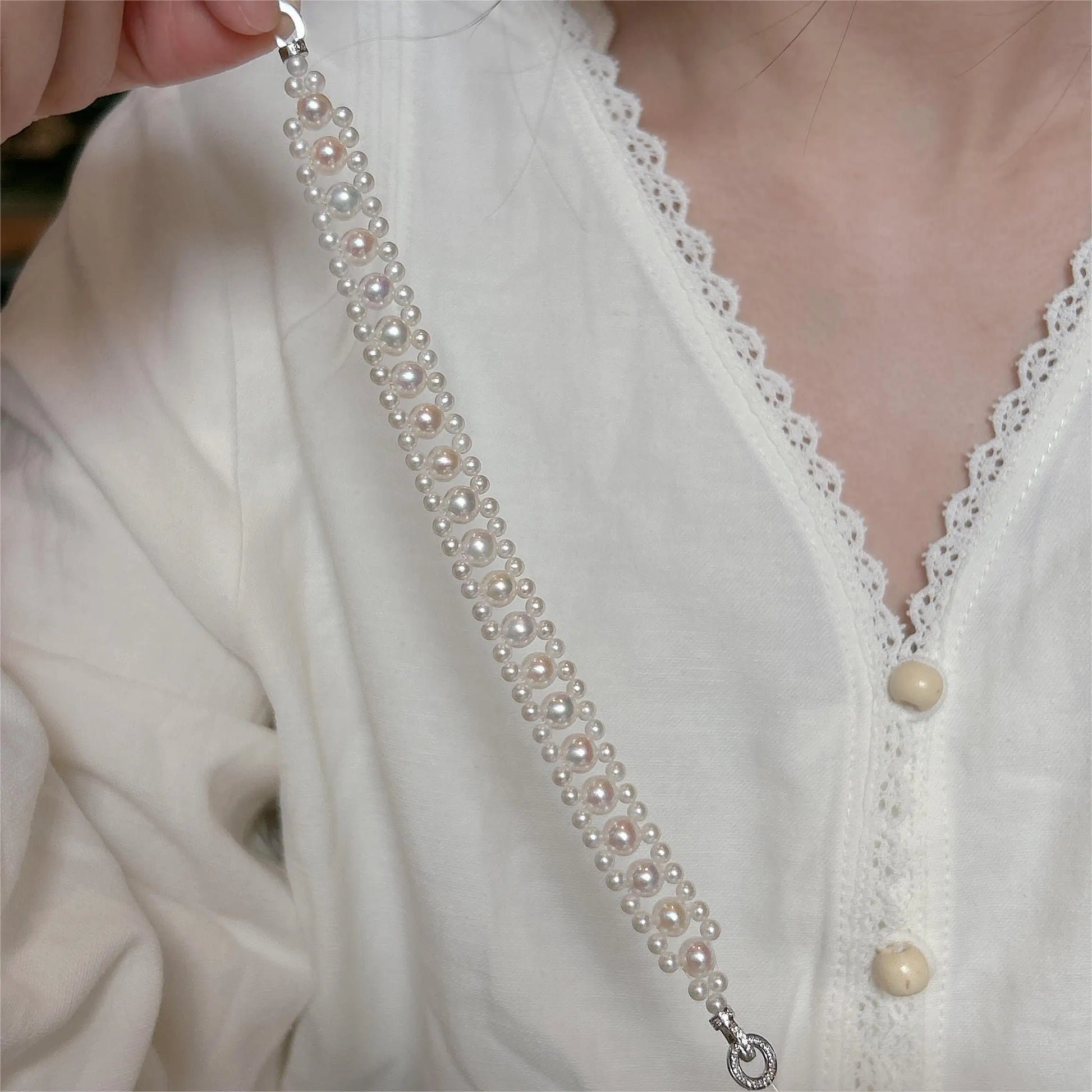 Natural Freshwater Pearl Bracelet, Hand-Woven 925 Silver 3-6.5mm White