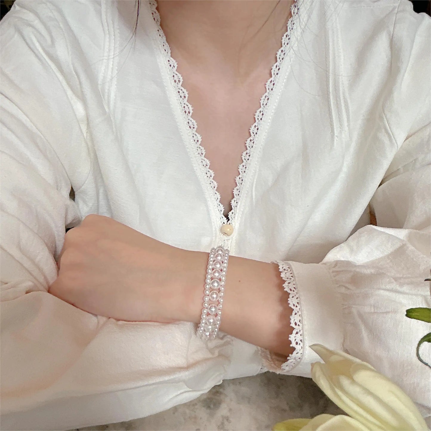 Natural Freshwater Pearl Bracelet, Hand-Woven 925 Silver 3-6.5mm White