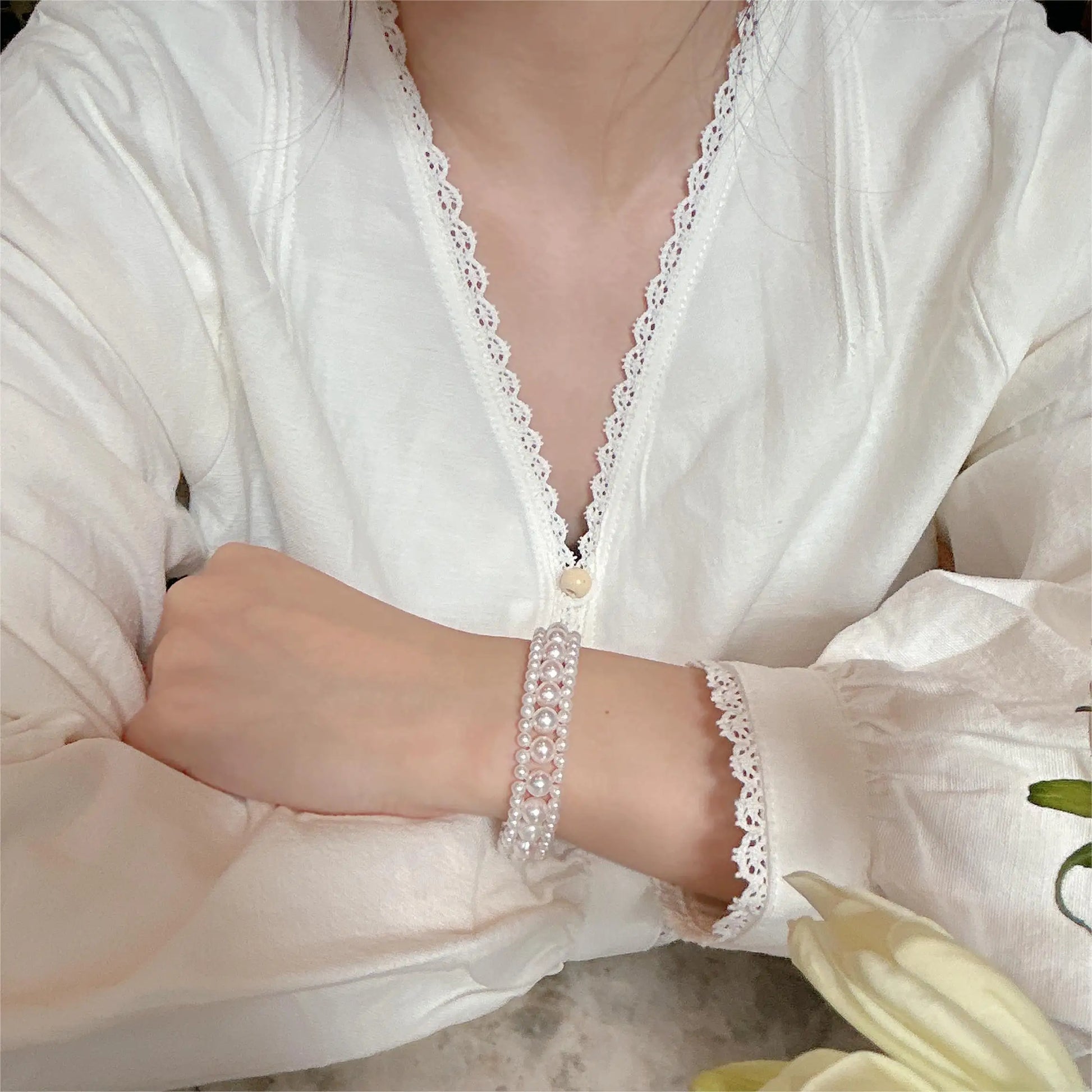 Natural Freshwater Pearl Bracelet, Hand-Woven 925 Silver 3-6.5mm White