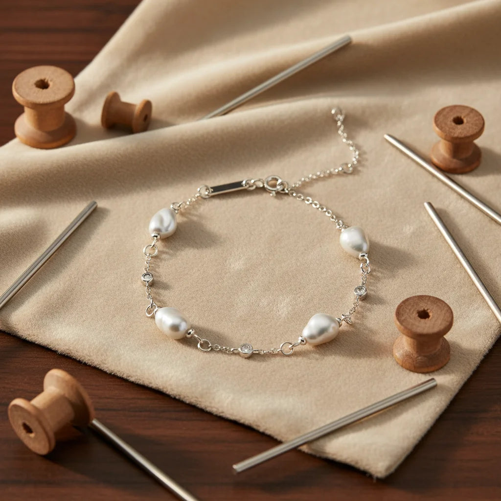 Natural Keshi Pearl Bracelet 8-9mm S925 Sterling Silver Strand
