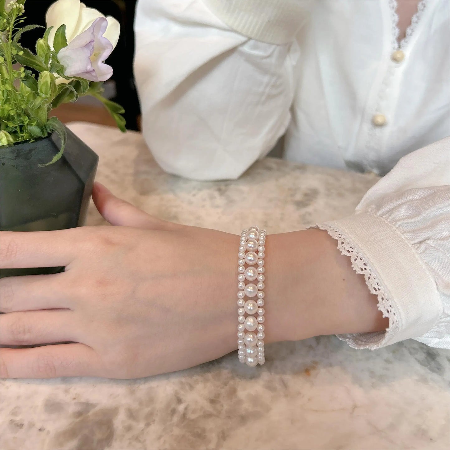 Natural Freshwater Pearl Bracelet, Hand-Woven 925 Silver 3-6.5mm White