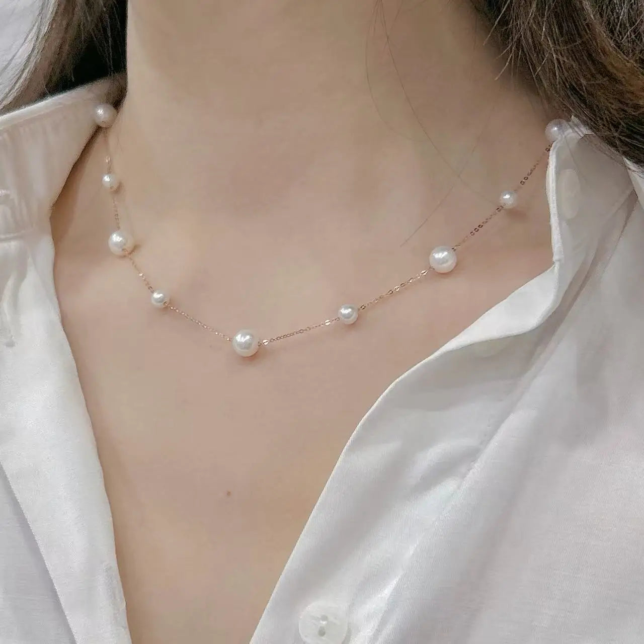 Natural Freshwater Pearl Necklace 18K Gold Minimalist 42cm White