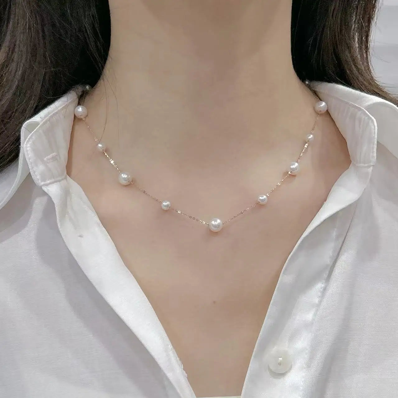 Natural Freshwater Pearl Necklace 18K Gold Minimalist 42cm White