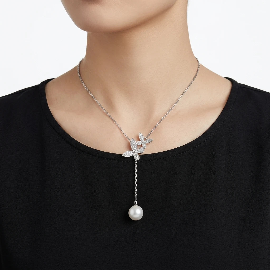 Caressa Natural Freshwater Pearl Butterfly Necklace 925 Sterling Silver 8mm