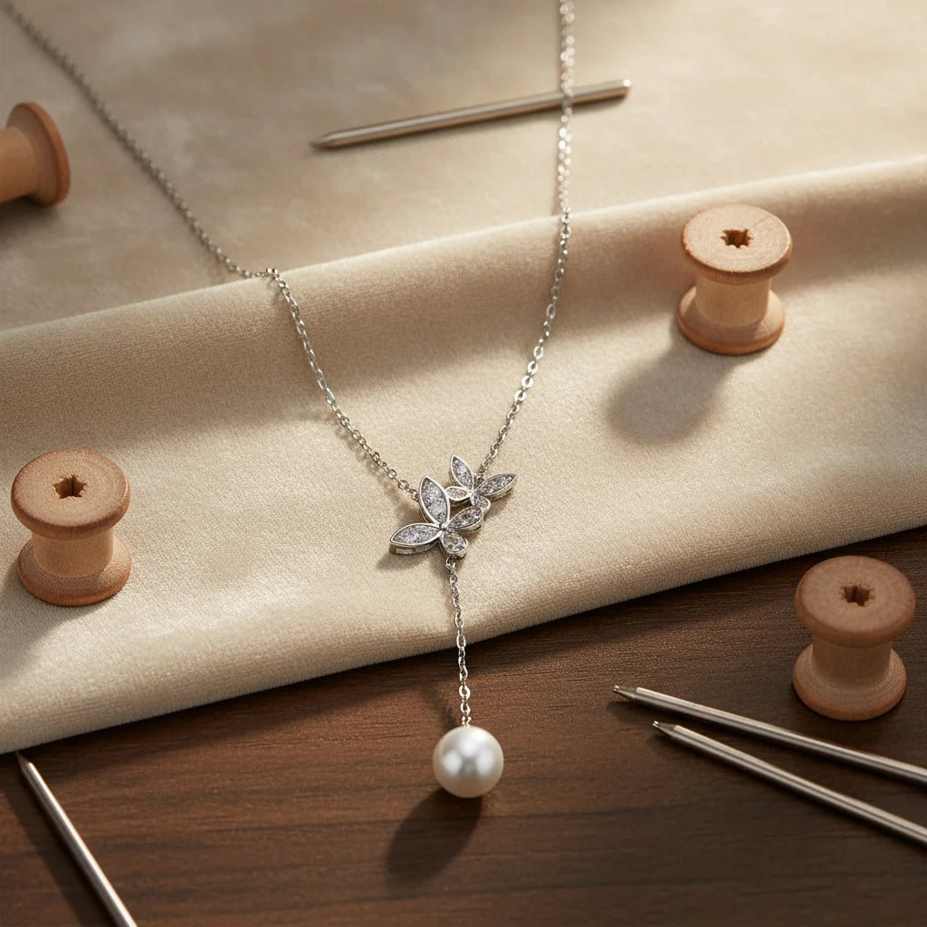 Caressa Natural Freshwater Pearl Butterfly Necklace 925 Sterling Silver 8mm