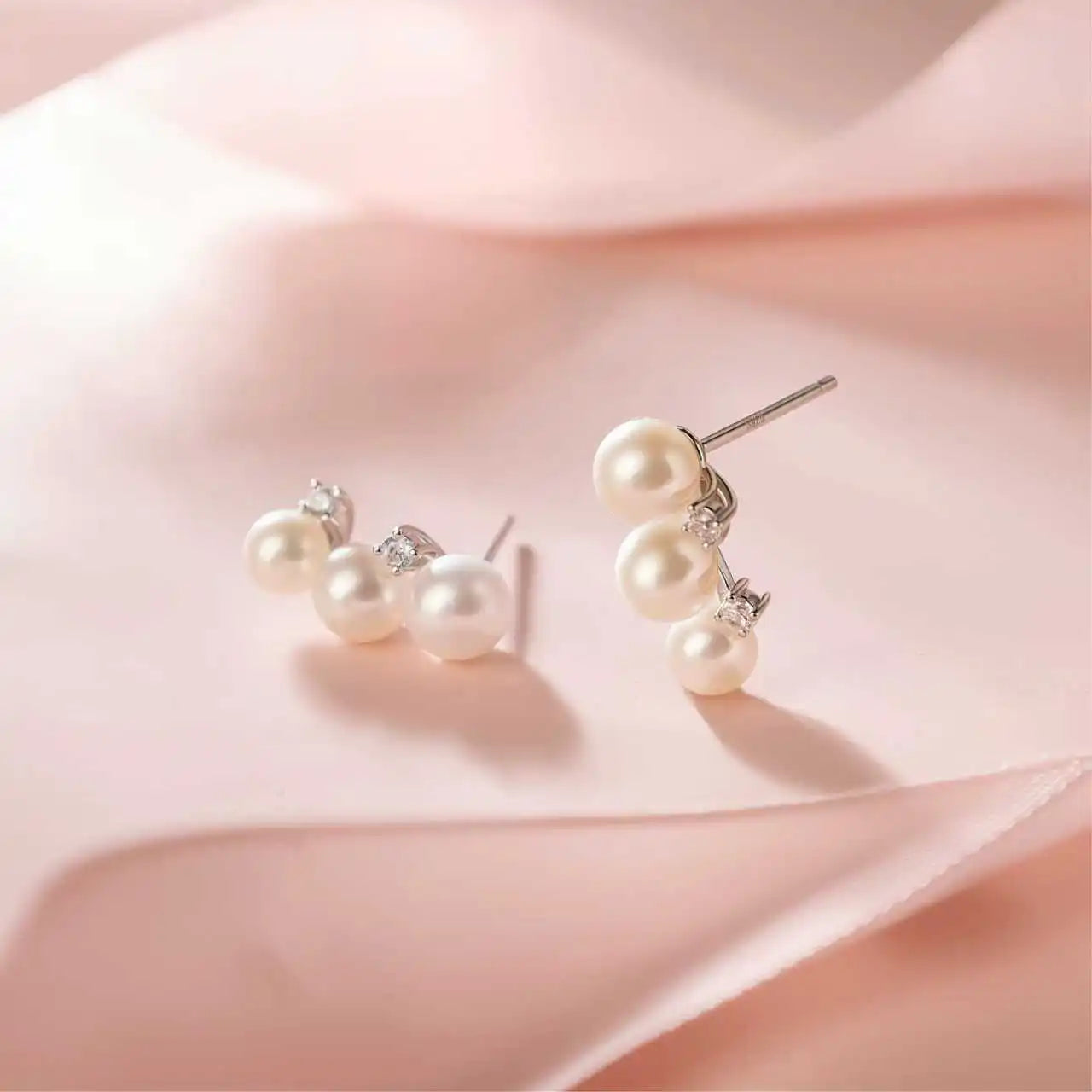 Geometric S925 Sterling Silver Freshwater Pearl Stud Earrings