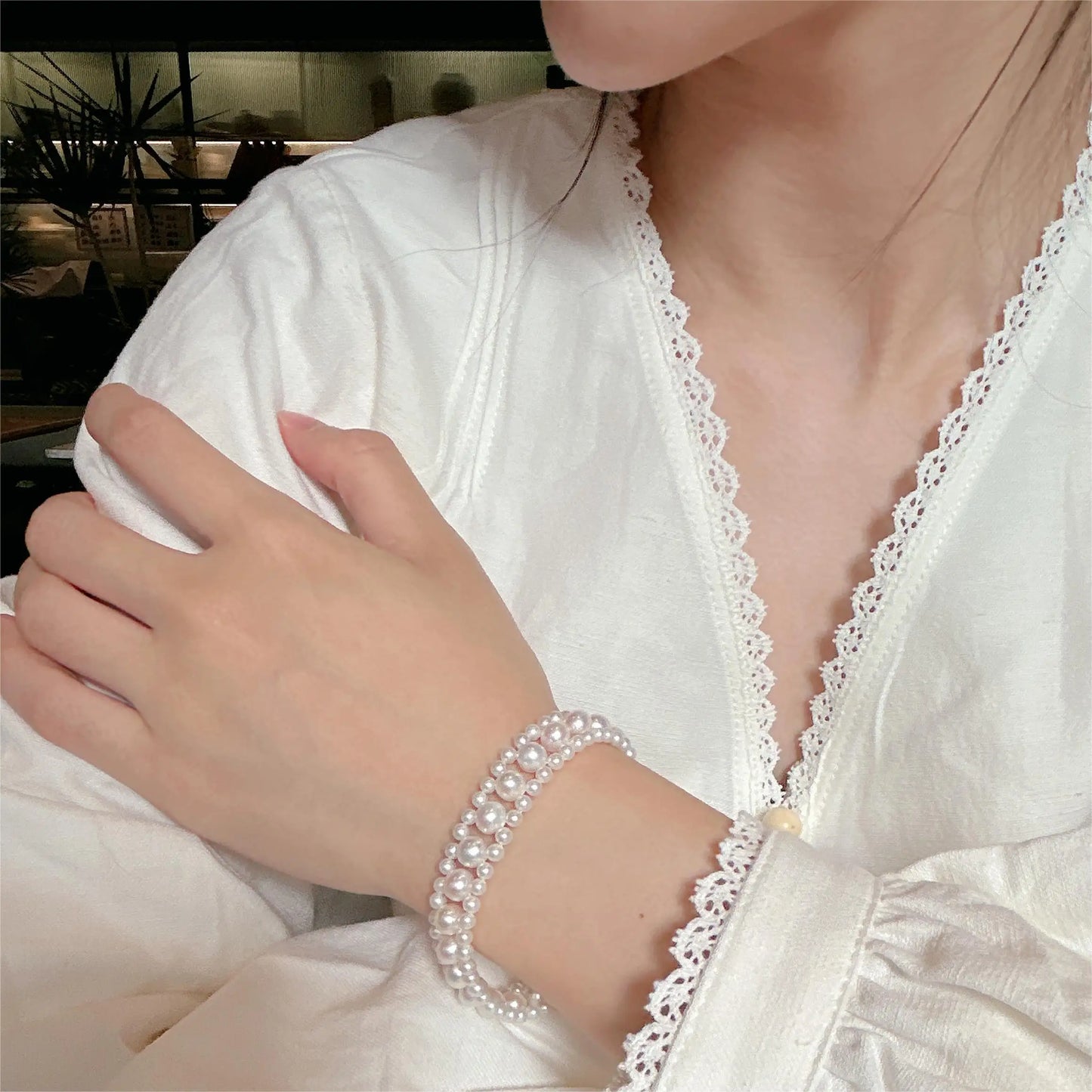Natural Freshwater Pearl Bracelet, Hand-Woven 925 Silver 3-6.5mm White