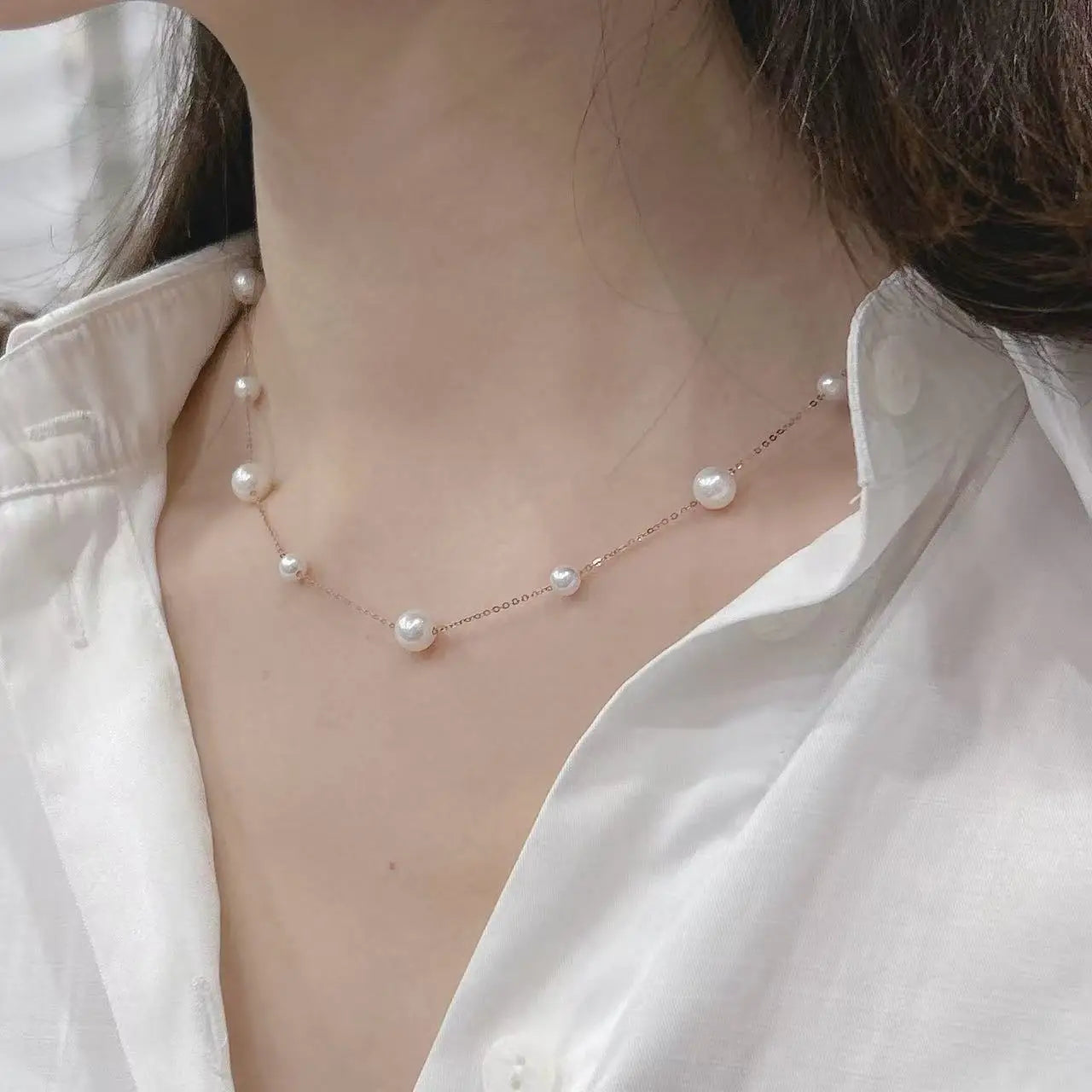 Natural Freshwater Pearl Necklace 18K Gold Minimalist 42cm White