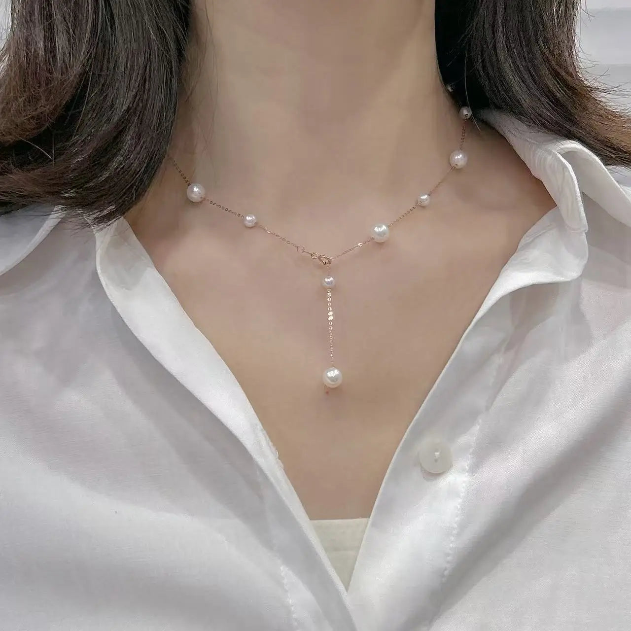 Natural Freshwater Pearl Necklace 18K Gold Minimalist 42cm White