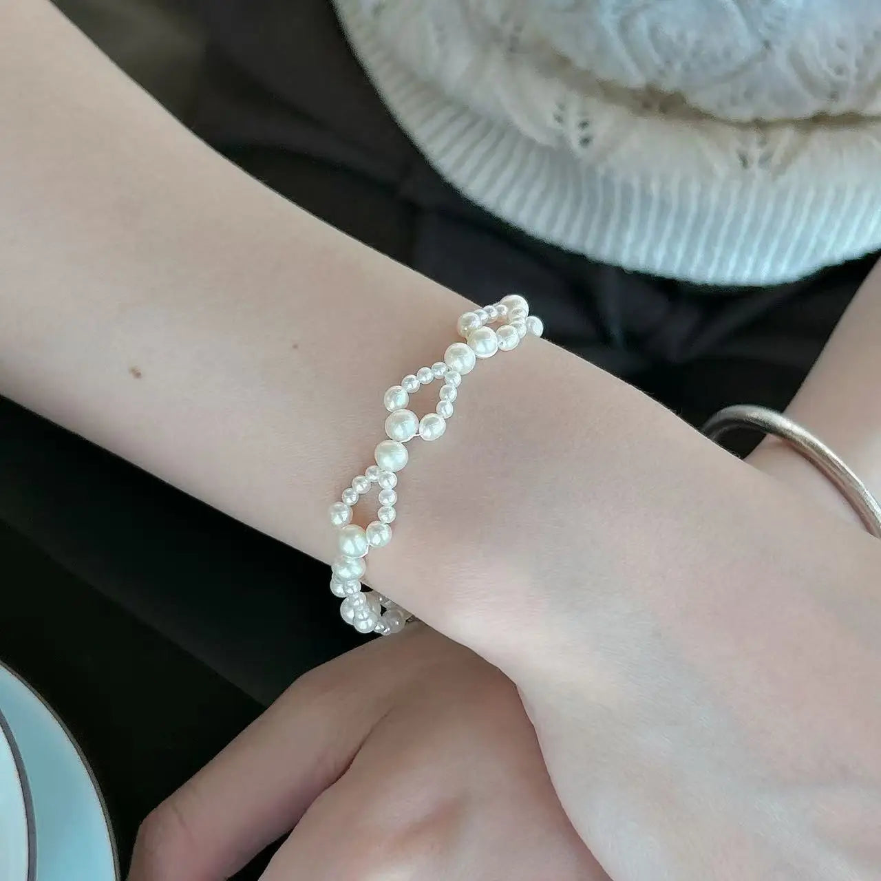 Geometric Natural Freshwater Pearl Bracelet in 925 Sterling Silver