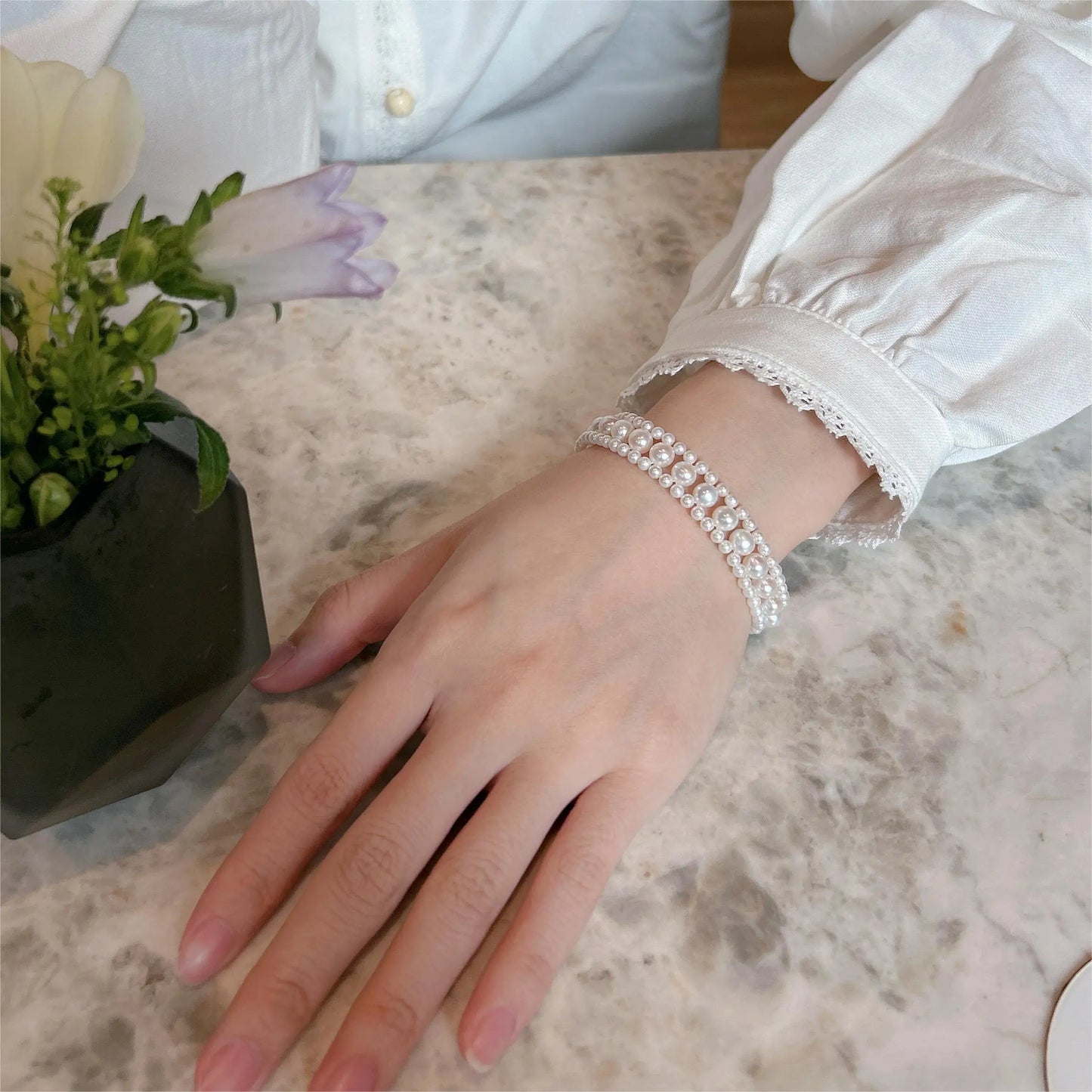 Natural Freshwater Pearl Bracelet, Hand-Woven 925 Silver 3-6.5mm White
