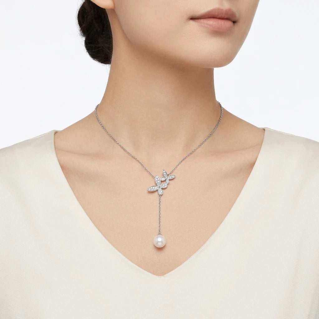 Caressa Natural Freshwater Pearl Butterfly Necklace 925 Sterling Silver 8mm