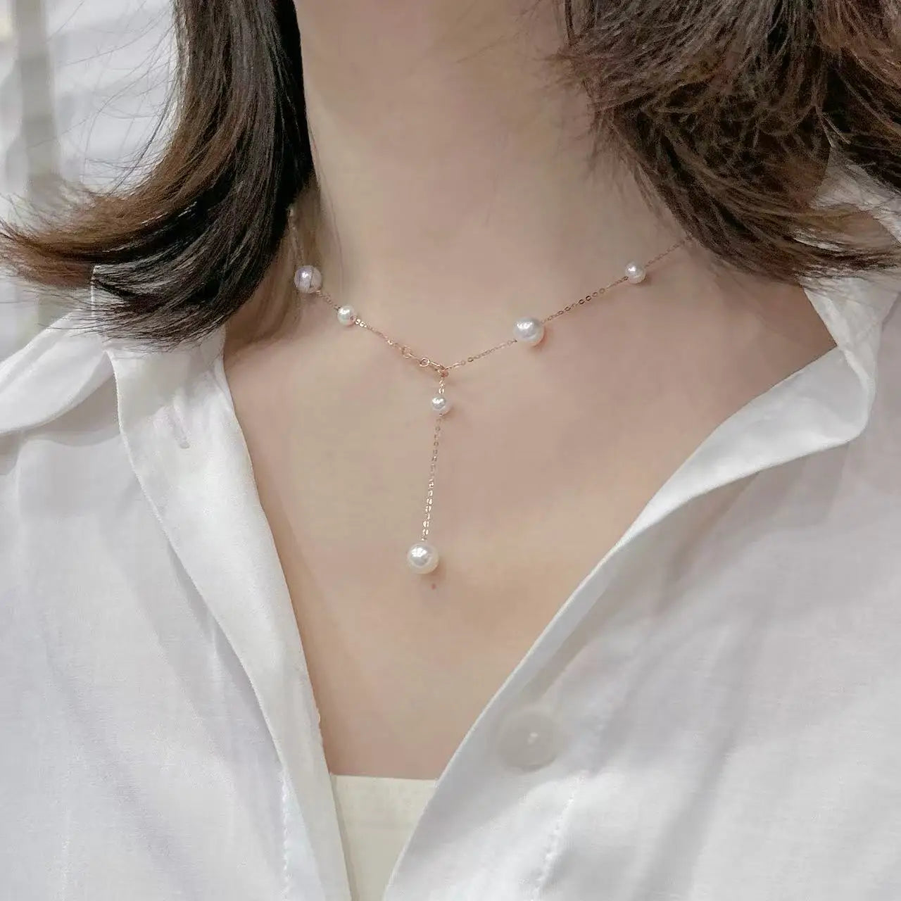Natural Freshwater Pearl Necklace 18K Gold Minimalist 42cm White